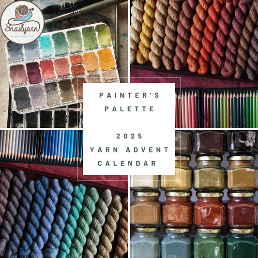 Collage of yarn swatches, paintbrushes, and jars with text 'Painter's Palette 2025 Yarn Advent Calendar' and 'SnailYarn' logo.