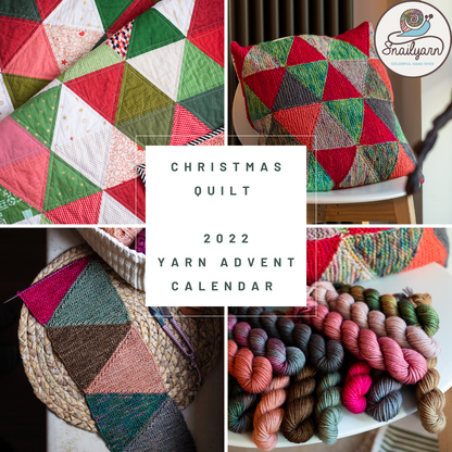 Collage of a Christmas quilt and yarn, featuring the brand 'SnailYarn'.