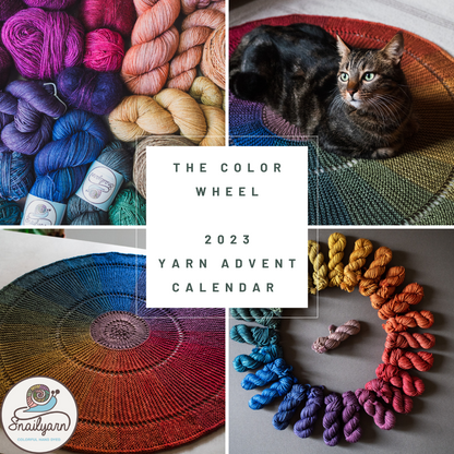 Collage of yarn colors and a cat on a knitted blanket with 'The Color Wheel 2023 Yarn Advent Calendar' text.