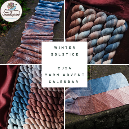 Collage of yarn skeins in various colors with 'Winter Solstice 2024 Yarn Advent Calendar' text.