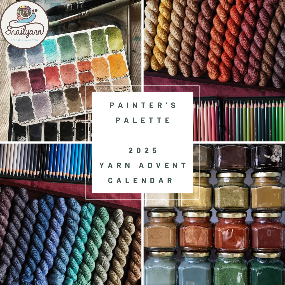 Collage of yarn swatches, paintbrushes, and jars with text 'Painter's Palette 2025 Yarn Advent Calendar' and 'SnailYarn' logo.