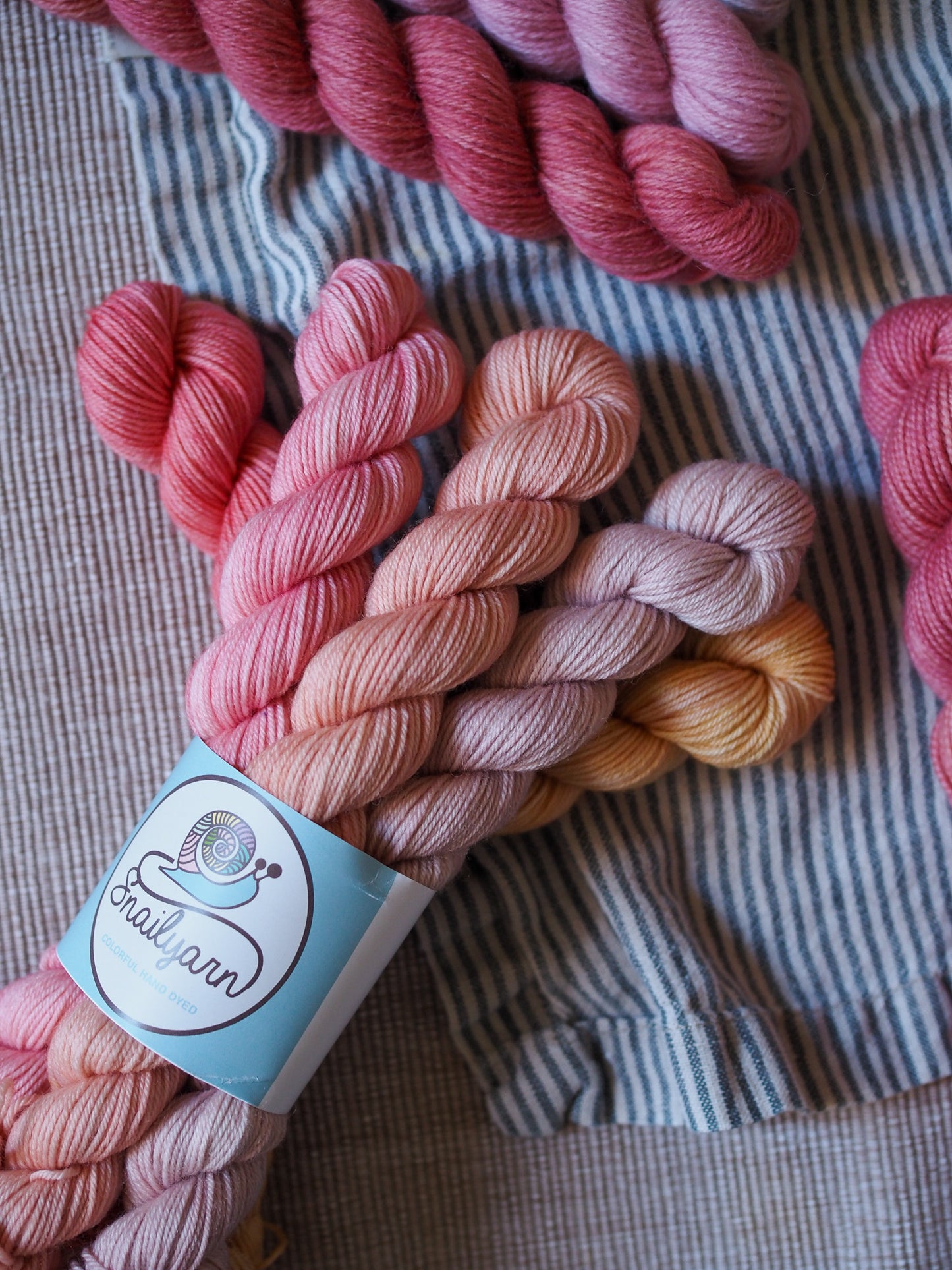 Hand-dyed 5 mini-skein yarn set by Snail Yarn in botanical shades of dusty pink, peach, and mauve, inspired by English roses. High-quality Merino and Peruvian wool for knitting and colorwork.